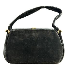 Vtg Crushed Velvet Bag- Black some wear- gold clasp- top handle evening bag